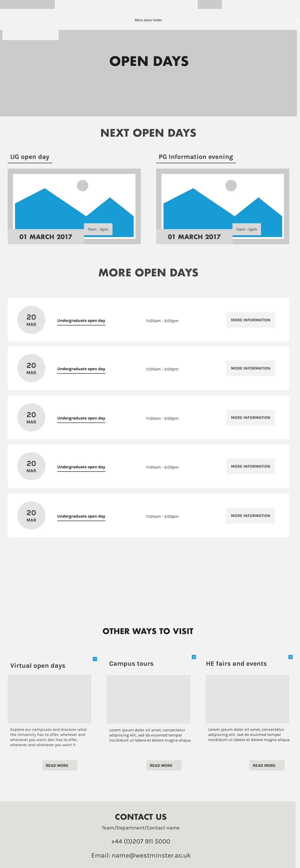 Open days landing page wireframe